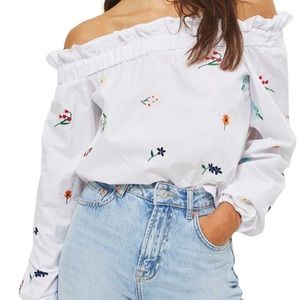 Topshop Floral Off the Shoulder Top in White Size 6 US